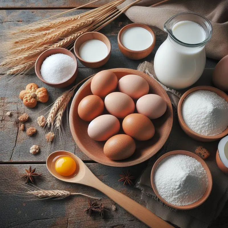 Uma mesa com ingredientes de alimentação saudável: trigo, ovo, sal, leite e açúcar.